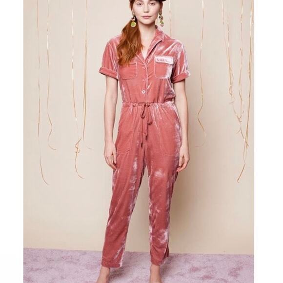 Rachel Antonoff Velvet Coveralls Jewelled Pink Drawstring Waist Womens X-Small - Picture 9 of 9